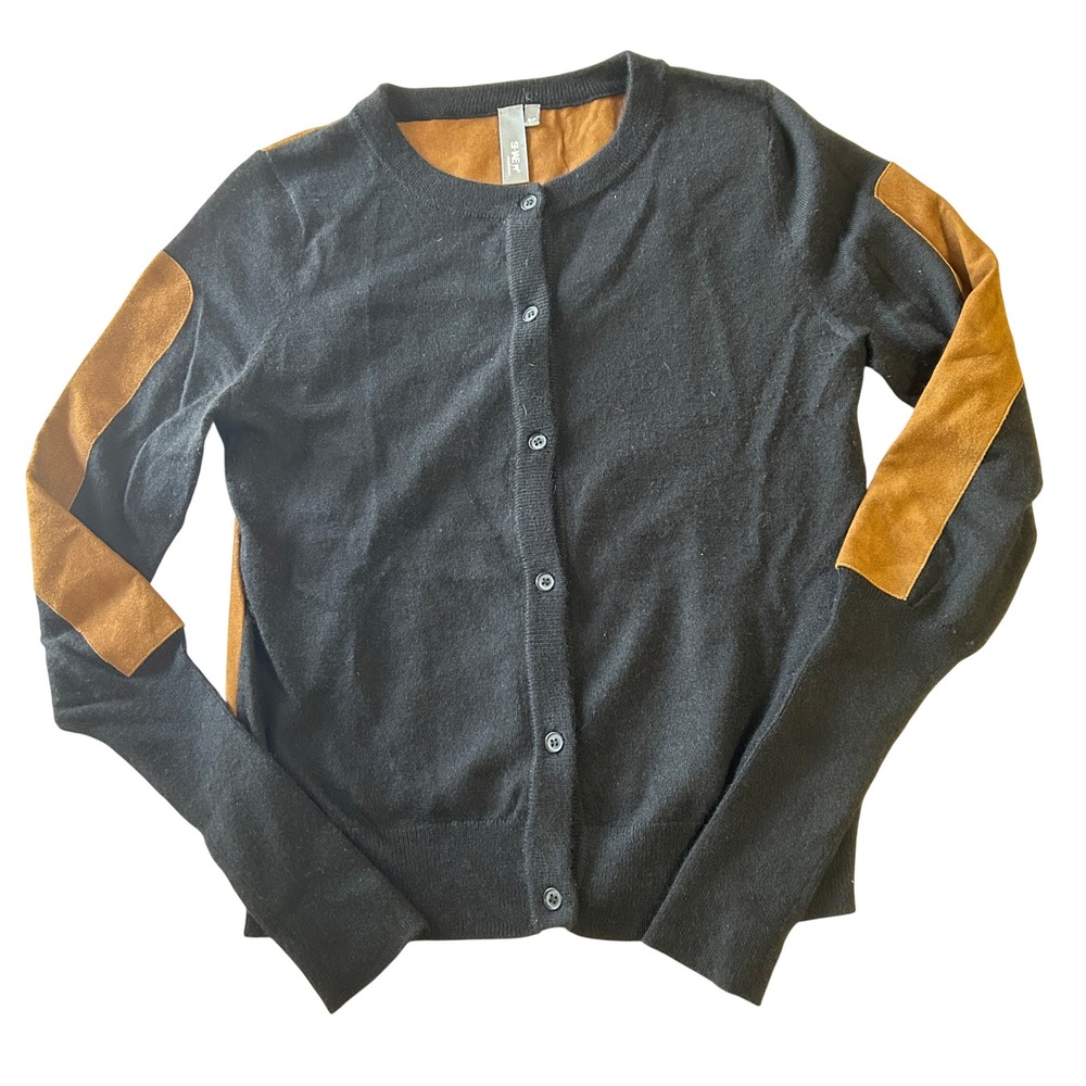 Anthropology Cashmere Cardigan Small Black Brown Leather Elbow Patch Sweater